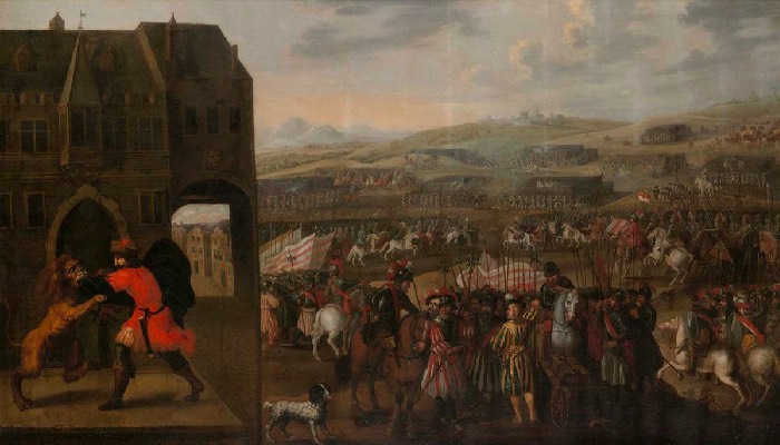 Der Kampf des Bürgermeisters Gryn mit dem Löwen auf einem Gemälde vom Ende des 16. Jahrhunderts im Kölnischen Stadtmuseum. Rechts ist die Schlacht bei Worringen 1288 dargestellt. Foto: © Historisches Archiv mit Rheinischem Bildarchiv, rba_d038980_01